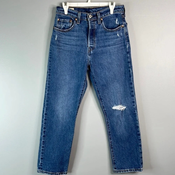LEVIS 501 Premium High Waisted Button Fly Jeans Blue Medium Wash Distressed 27 - Picture 13 of 13